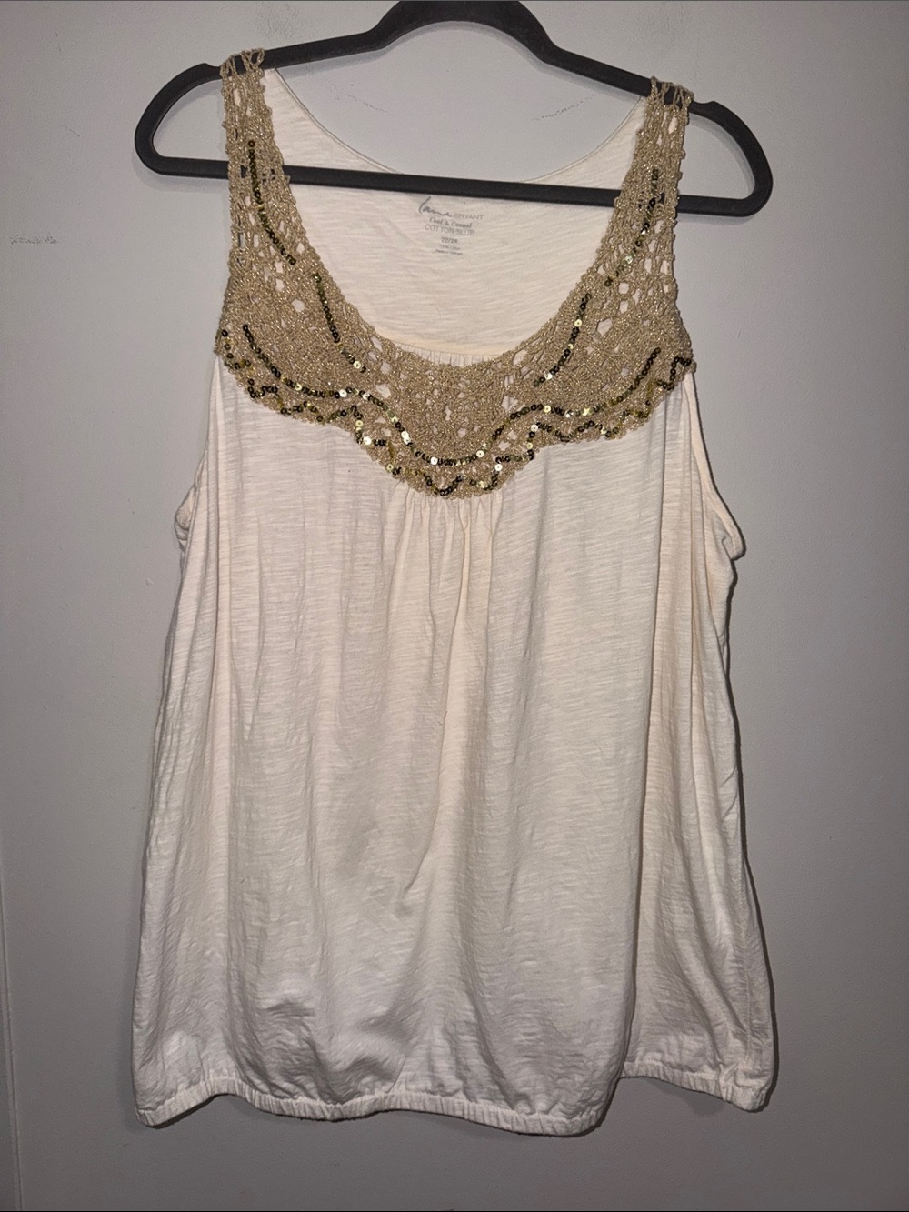 Lane Bryant Cream Tank Top with Gold Beaded Crochet Yoke